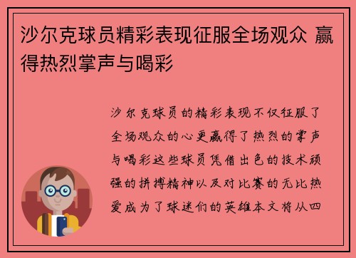 沙尔克球员精彩表现征服全场观众 赢得热烈掌声与喝彩